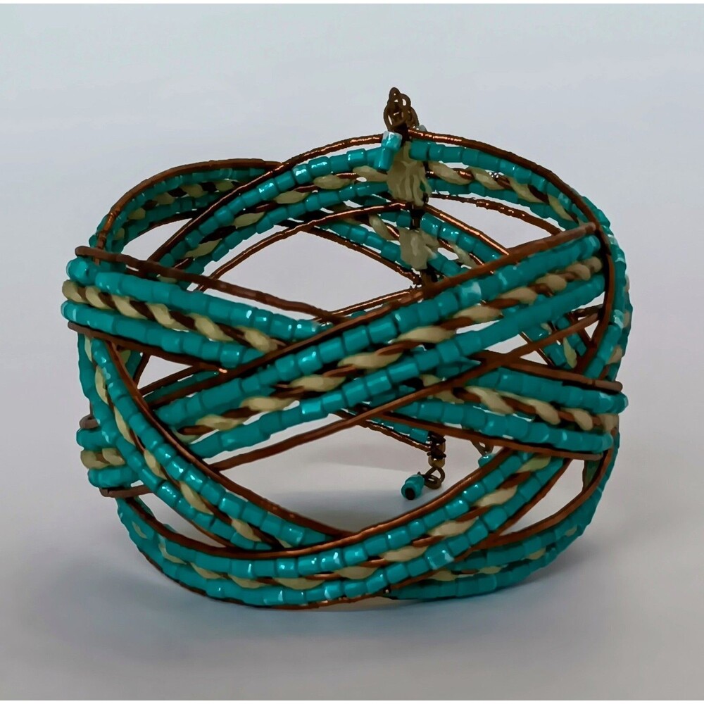 Bohemian Blue Seed Bead Copper Wire Wrapped Cuff Bracelet Adj